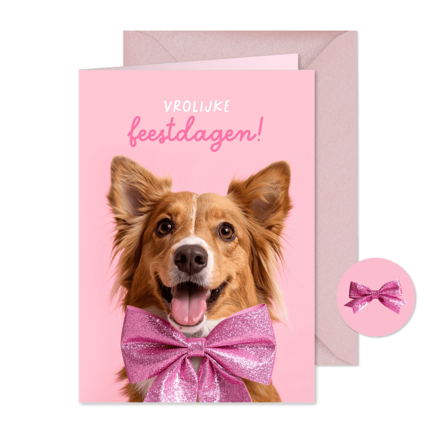Vrolijke kerstkaart met hond en roze strik - Kaartimpressie