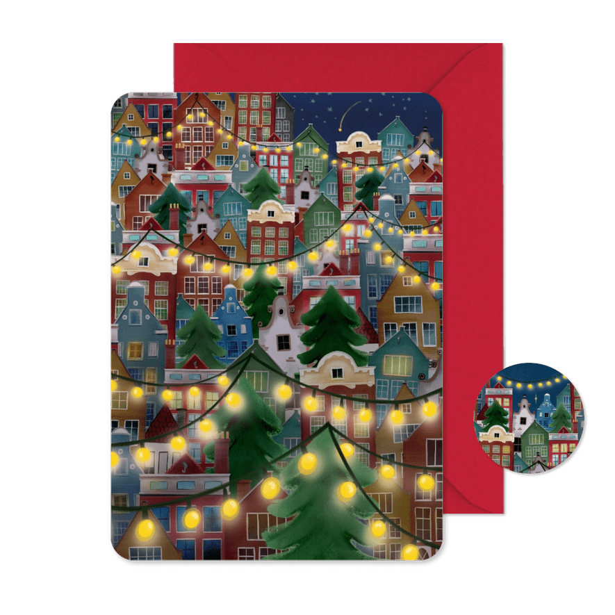 Vrolijke Kerstkaart met huisjes en lichtjes - Kaartimpressie