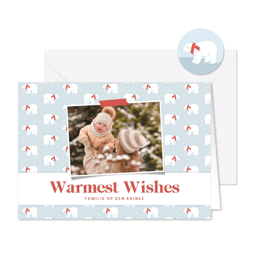 Vrolijke kerstkaart met ijsbeertje patroon en eigen foto - Kaartimpressie