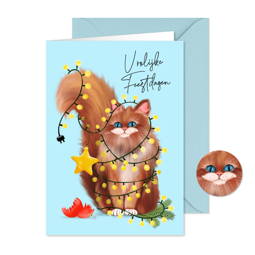 Vrolijke kerstkaart met kat en lichtjes - Kaartimpressie