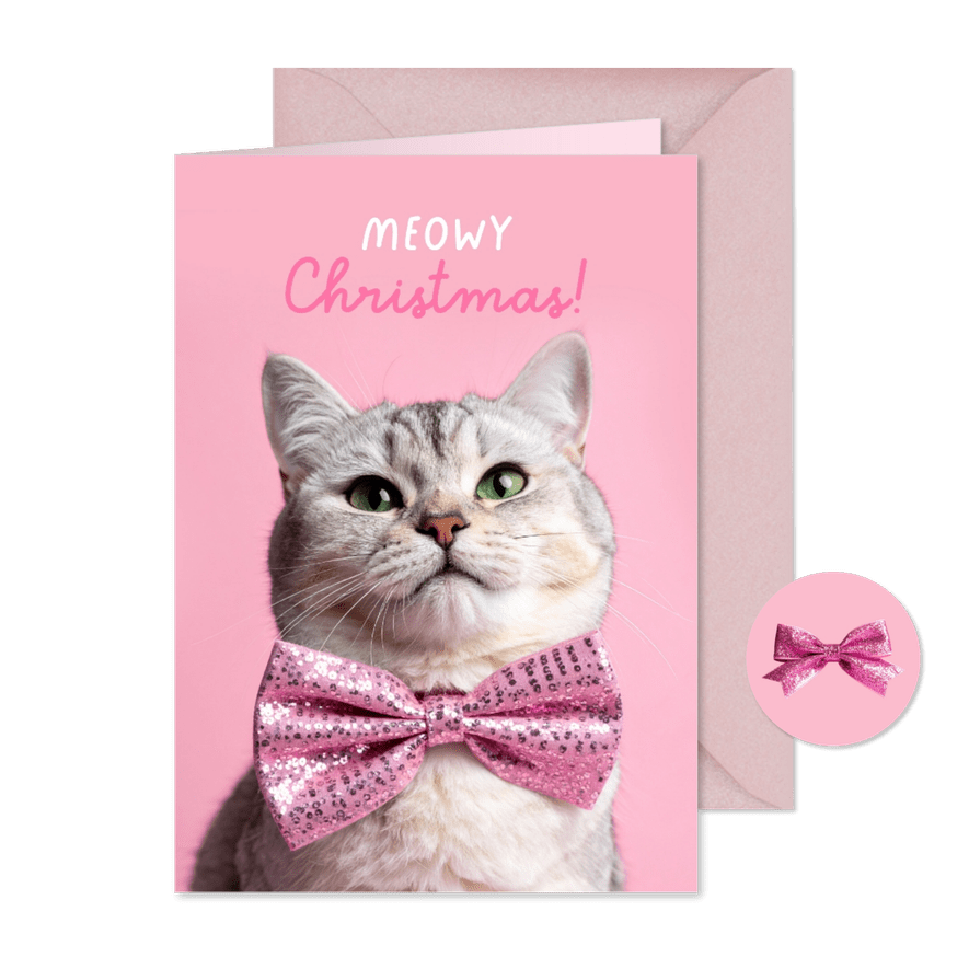 Vrolijke kerstkaart met kat en roze strik - Kaartimpressie