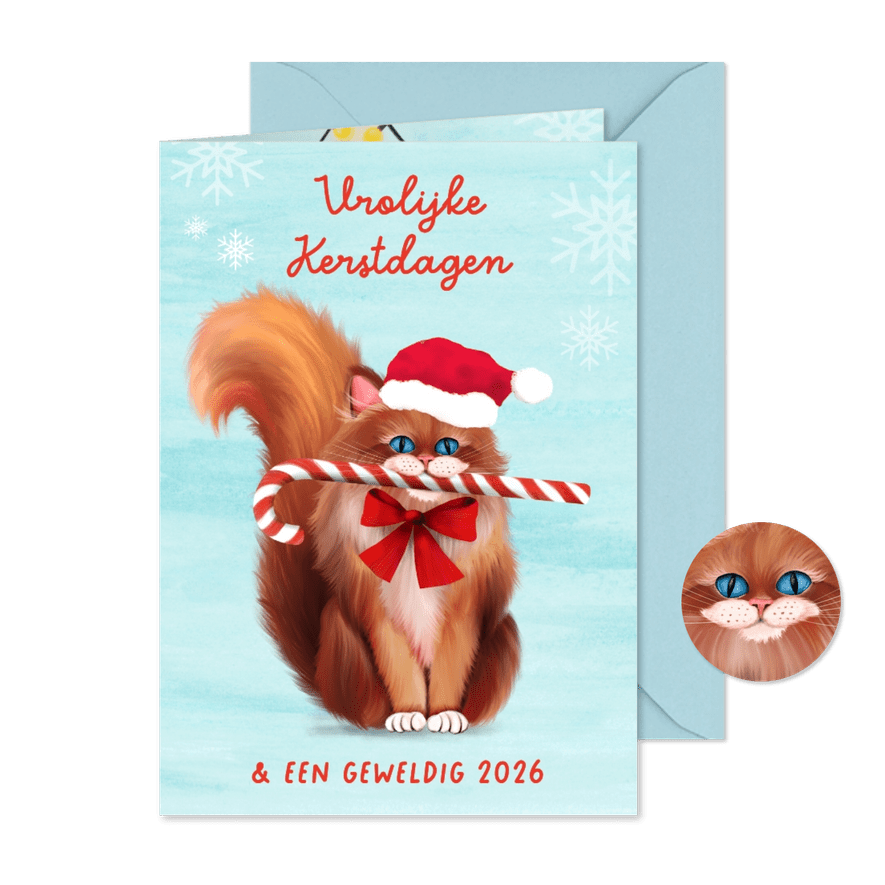 Vrolijke kerstkaart met kat en zuurstok - Kaartimpressie