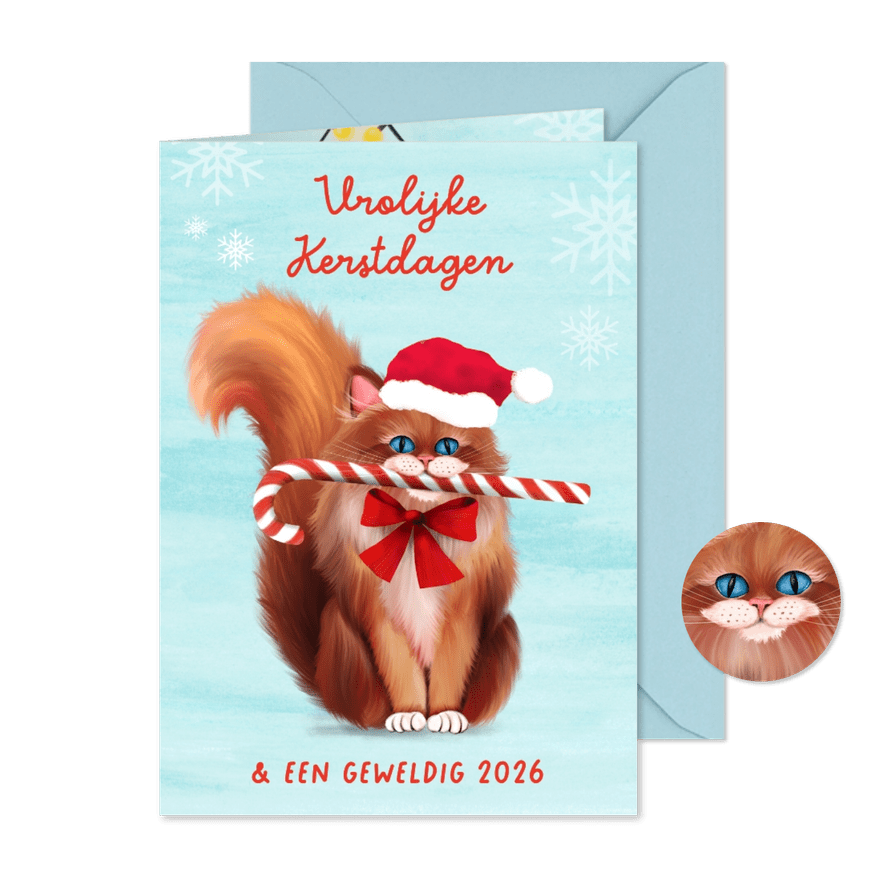 Vrolijke kerstkaart met kat en zuurstok - Kaartimpressie