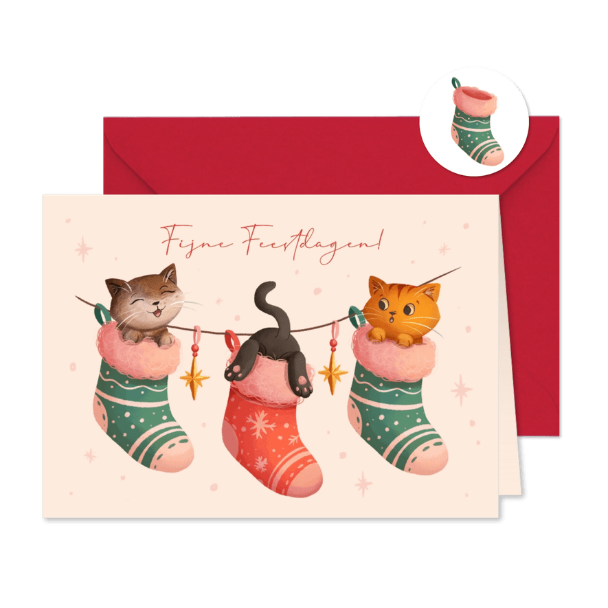 Vrolijke kerstkaart met katten in kerstsokken - Kaartimpressie
