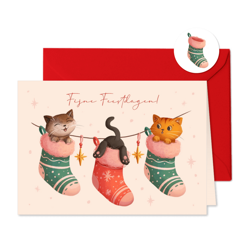 Vrolijke kerstkaart met katten in kerstsokken - Kaartimpressie