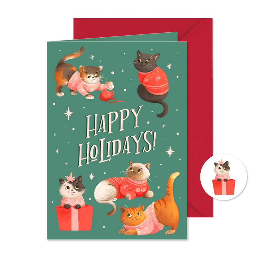 Vrolijke kerstkaart met katten in kersttrui - Kaartimpressie