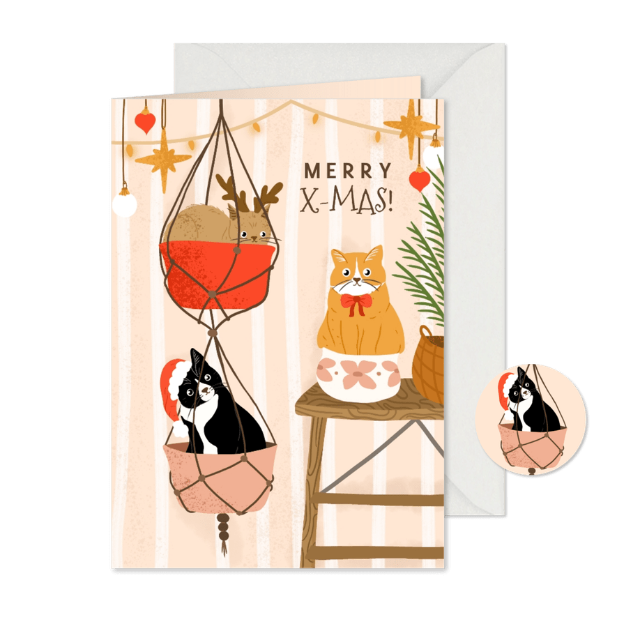 Vrolijke kerstkaart met katten - Kaartimpressie