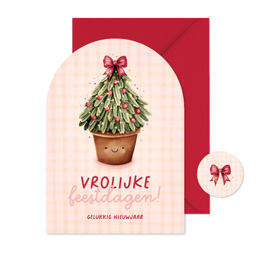 Vrolijke kerstkaart met kerstboom in boogvorm - Kaartimpressie