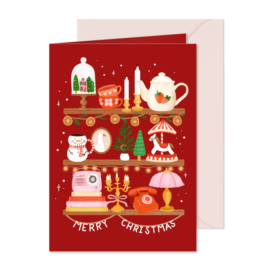 Vrolijke kerstkaart met kerstitems op planken - Kaartimpressie