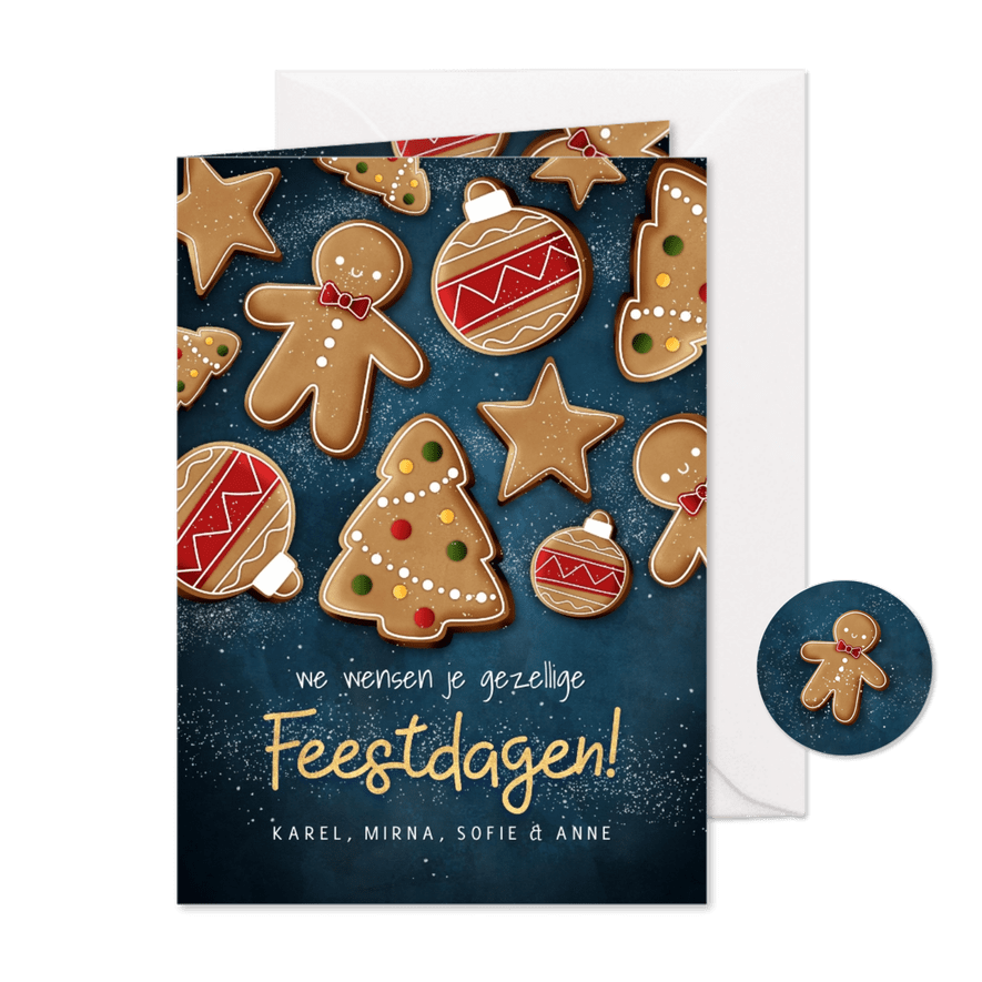 Vrolijke kerstkaart met kerstkoekjes gezellige feestdagen - Kaartimpressie