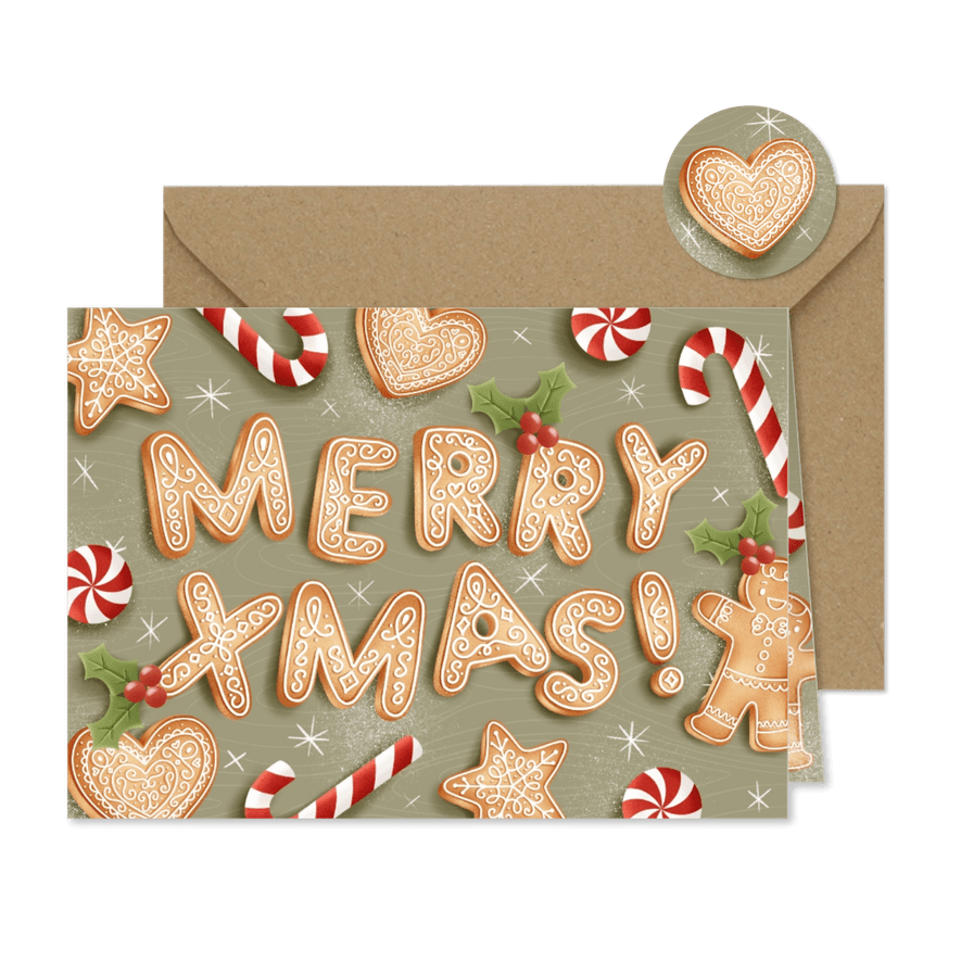 Vrolijke kerstkaart met kerstkoekjes, zuurstok en merry xmas - Kaartimpressie