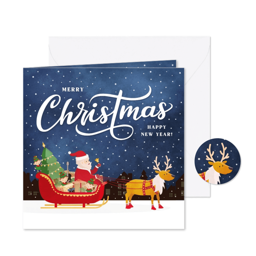 Vrolijke kerstkaart met kerstman in arrenslee in de sneeuw - Kaartimpressie
