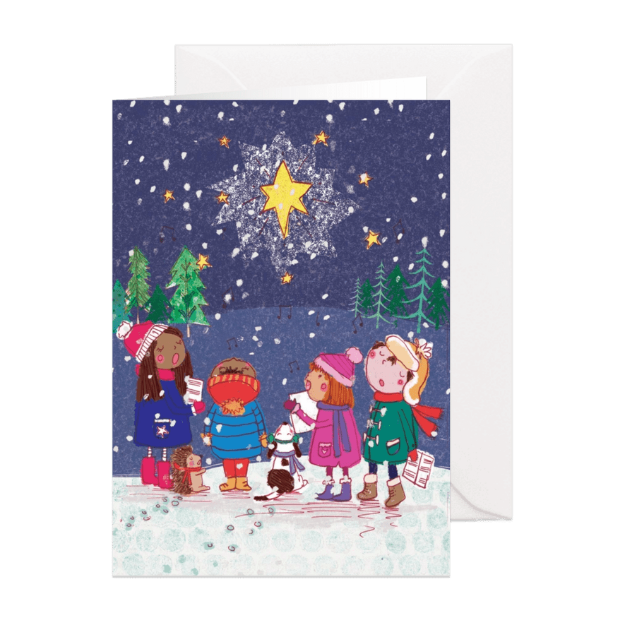 Vrolijke kerstkaart met kinderen in de sneeuw en kerstster. - Kaartimpressie