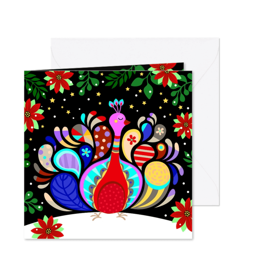 Vrolijke kerstkaart met kleurrijke pauw en kerststerren - Kaartimpressie