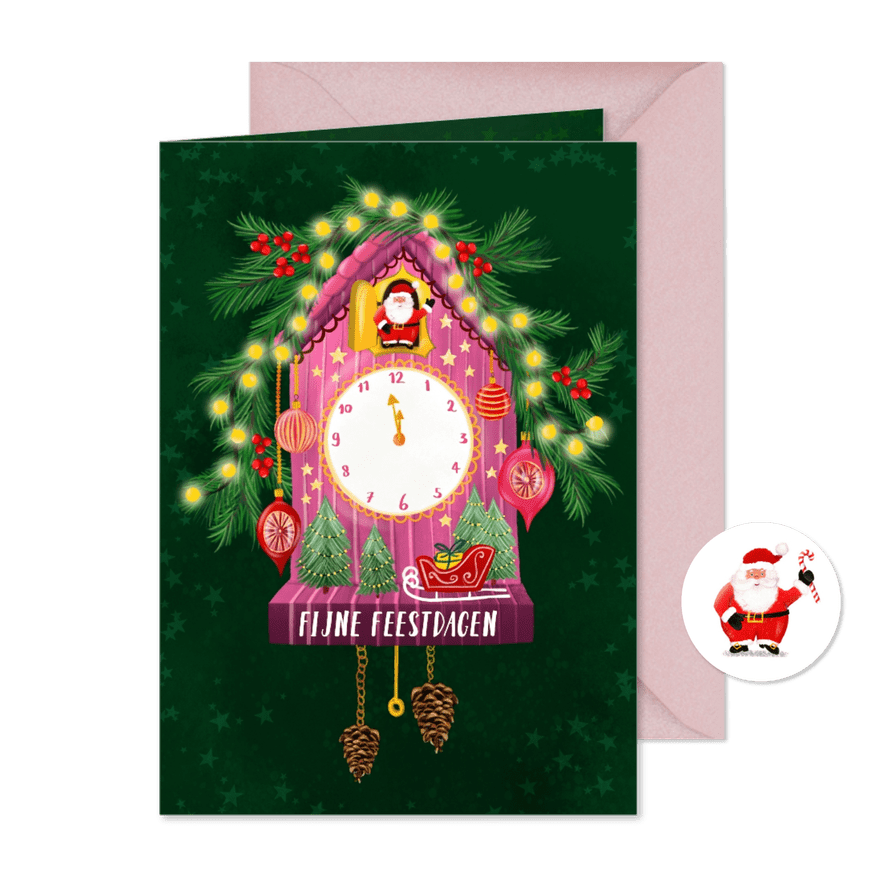Vrolijke kerstkaart met koekoeksklokje met kerstman - Kaartimpressie