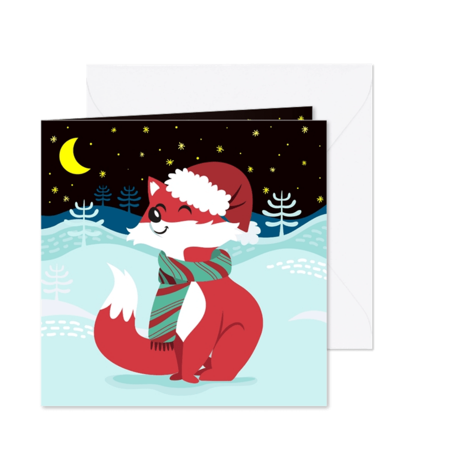 Vrolijke kerstkaart met lief vosje en sterren - Kaartimpressie