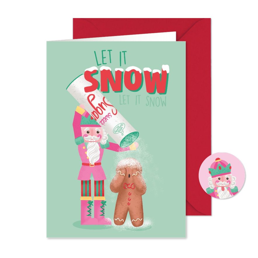 Vrolijke kerstkaart met notenkraker en gemberkoek mannetje - Kaartimpressie