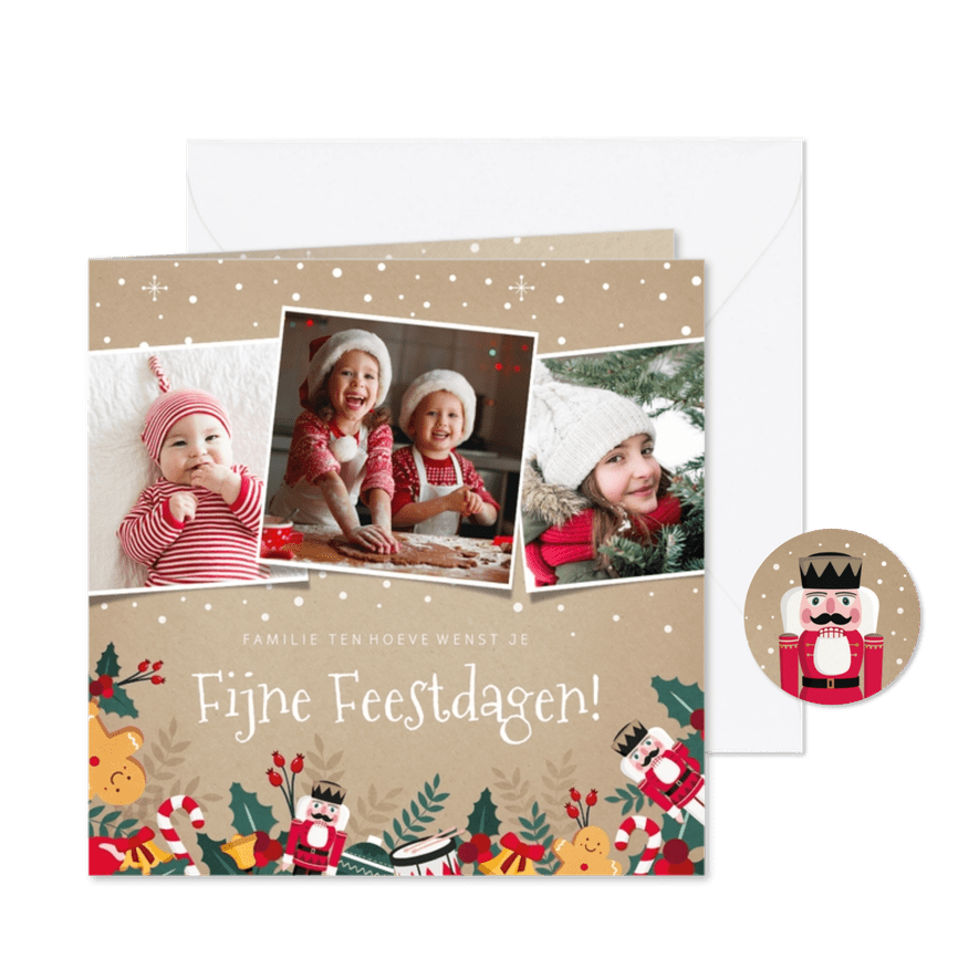 Vrolijke kerstkaart met notenkraker, hulst en eigen foto's - Kaartimpressie