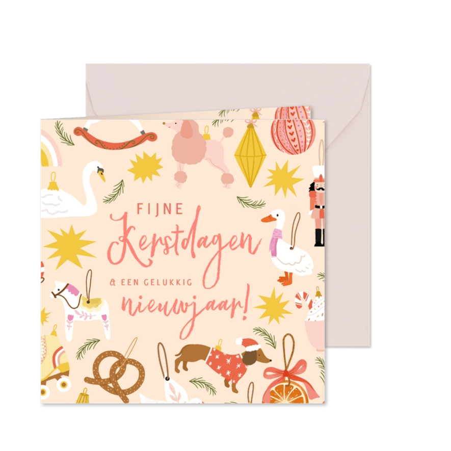 Vrolijke kerstkaart met ornamenten - Kaartimpressie