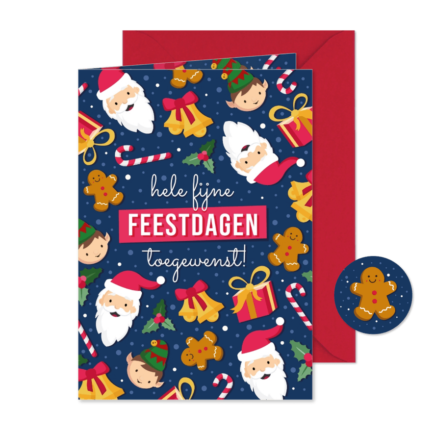 Vrolijke kerstkaart met patroon van leuke kerst figuurtjes  - Kaartimpressie
