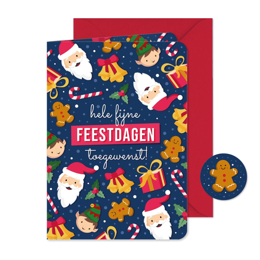 Vrolijke kerstkaart met patroon van leuke kerst figuurtjes - Kaartimpressie
