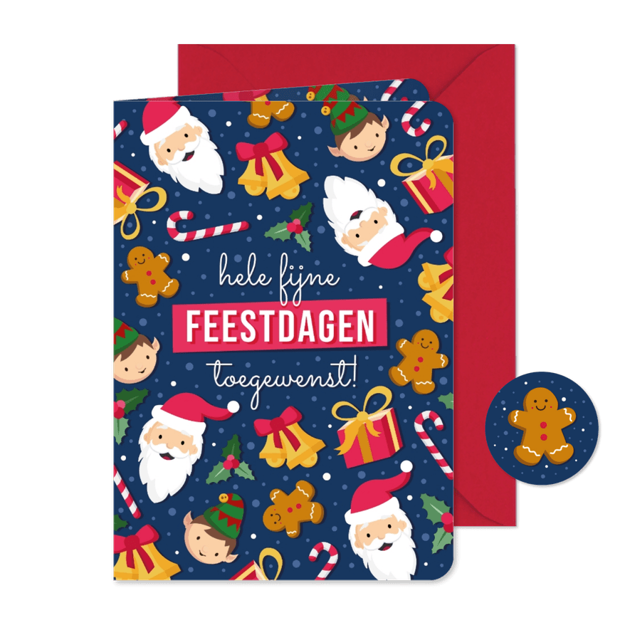 Vrolijke kerstkaart met patroon van leuke kerst figuurtjes - Kaartimpressie
