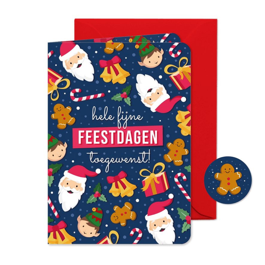 Vrolijke kerstkaart met patroon van leuke kerst figuurtjes  - Kaartimpressie