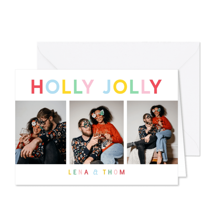Vrolijke kerstkaart met regenboog typografie holly jolly - Kaartimpressie