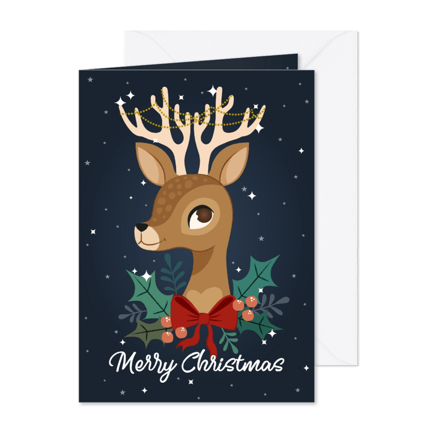 Vrolijke kerstkaart met rendier en versiering - Kaartimpressie