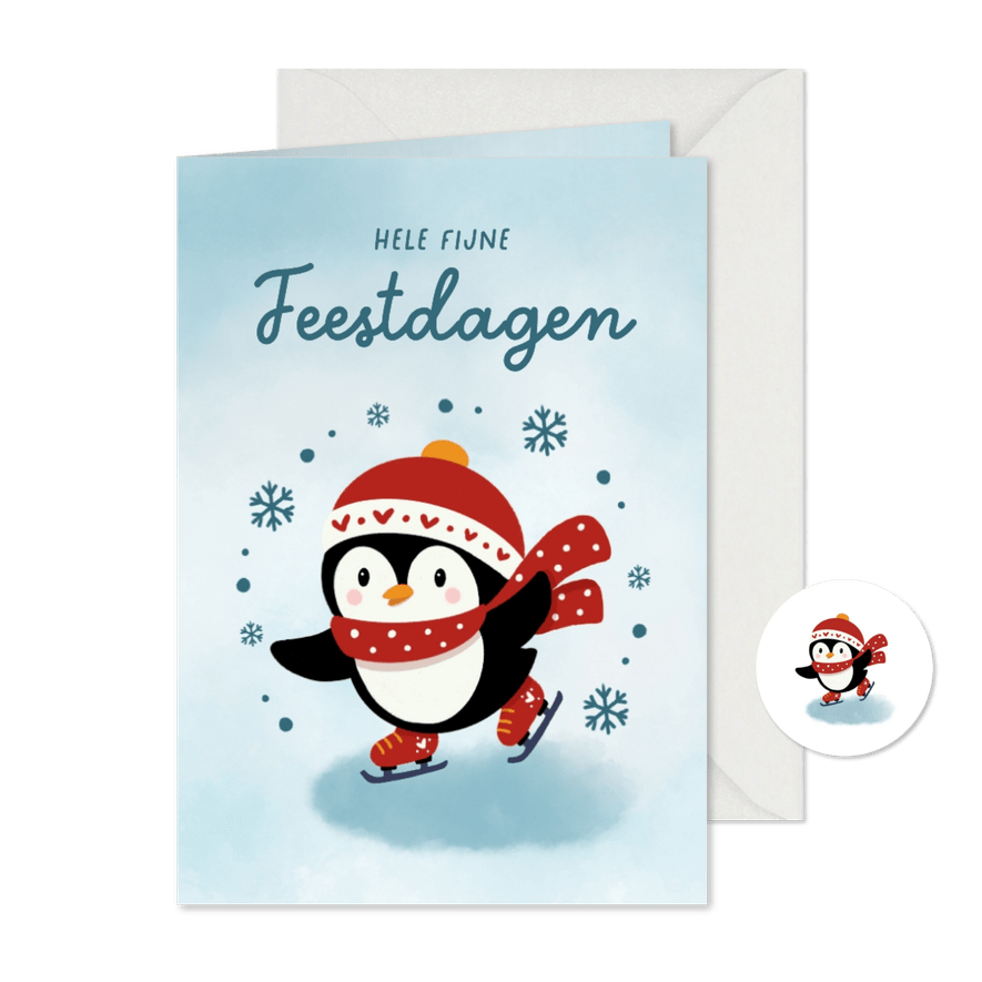 Vrolijke kerstkaart met schaatsende pinguïn en sneeuwvlokken - Kaartimpressie