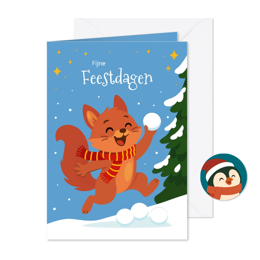 Vrolijke kerstkaart met sneeuwbal gooiende vos! - Kaartimpressie