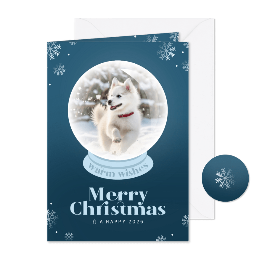 Vrolijke kerstkaart met sneeuwbol en eigen foto blauw - Kaartimpressie