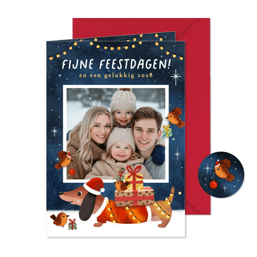 Vrolijke kerstkaart met teckel en roodborstjes en foto - Kaartimpressie