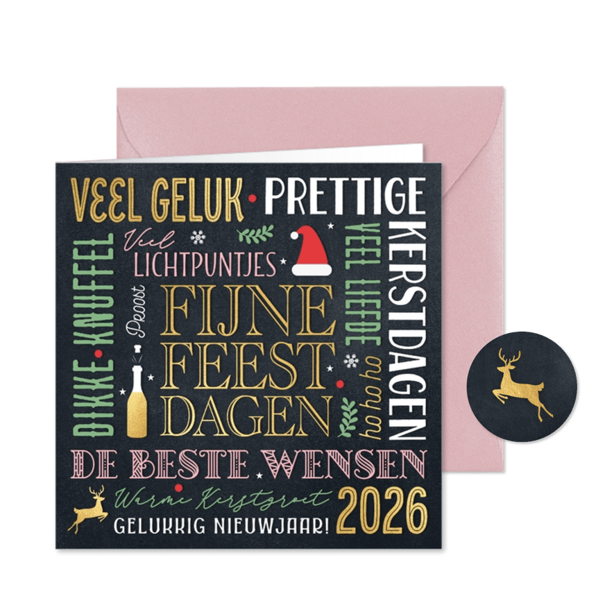 Vrolijke kerstkaart met typografie in goud en groen - Kaartimpressie