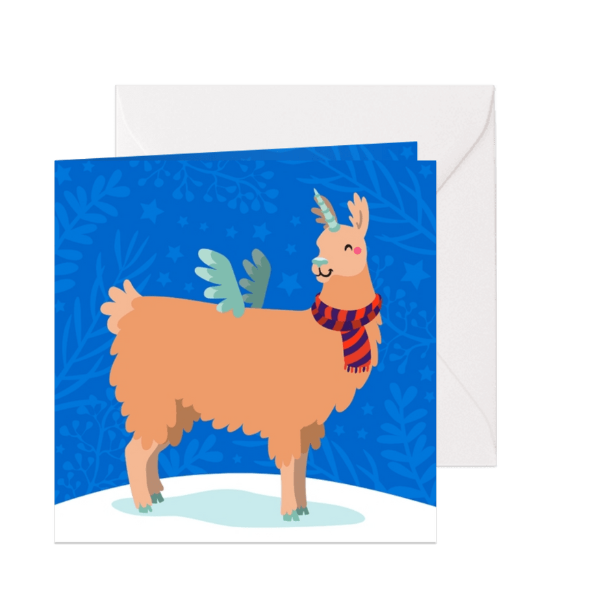 Vrolijke kerstkaart met unicorn lama - Kaartimpressie