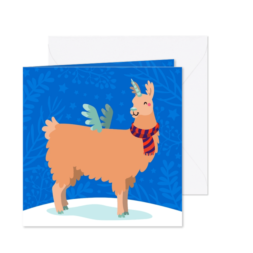 Vrolijke kerstkaart met unicorn lama - Kaartimpressie