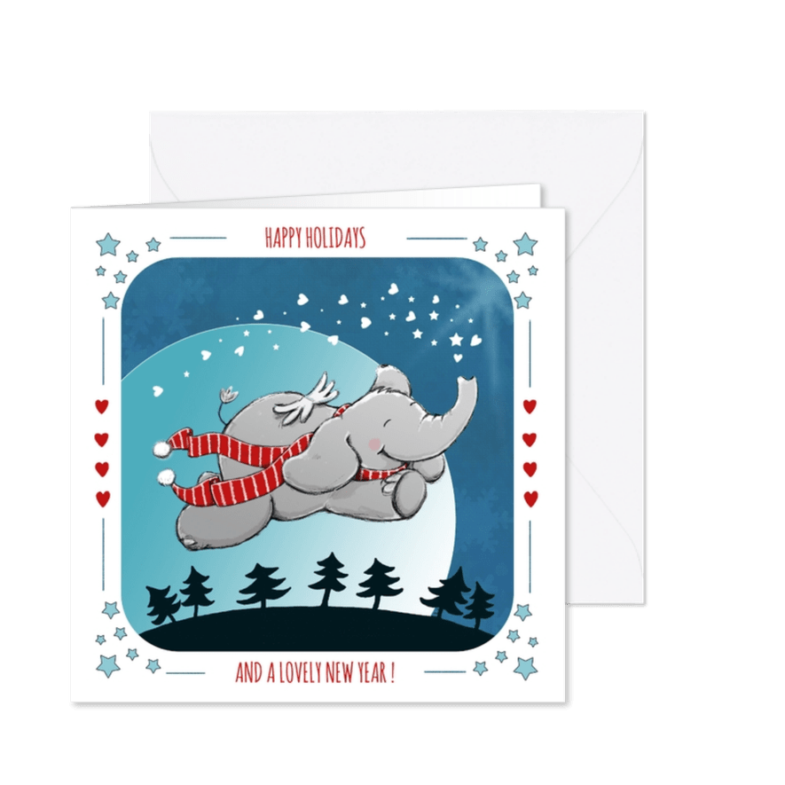 Vrolijke kerstkaart met vliegend olifantje - Kaartimpressie