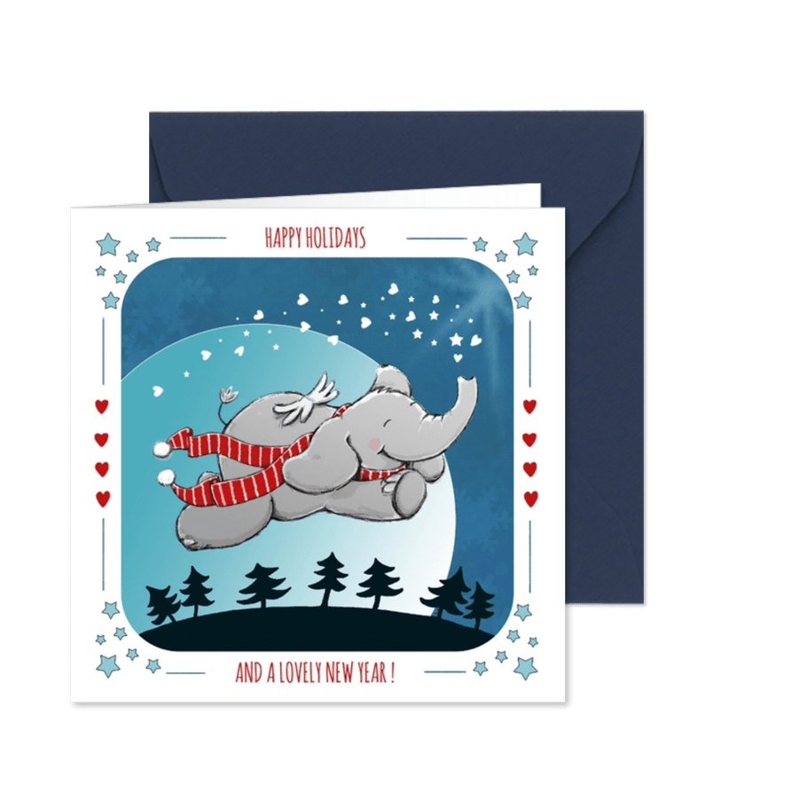 Vrolijke kerstkaart met vliegend olifantje - Kaartimpressie