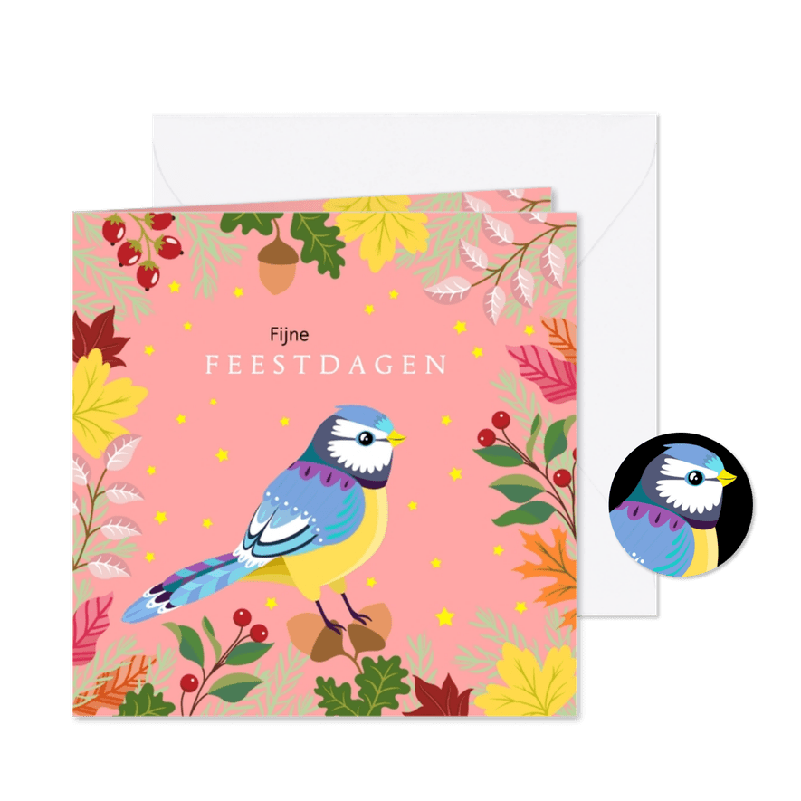 Vrolijke kerstkaart met vogel en planten en bloemen - Kaartimpressie