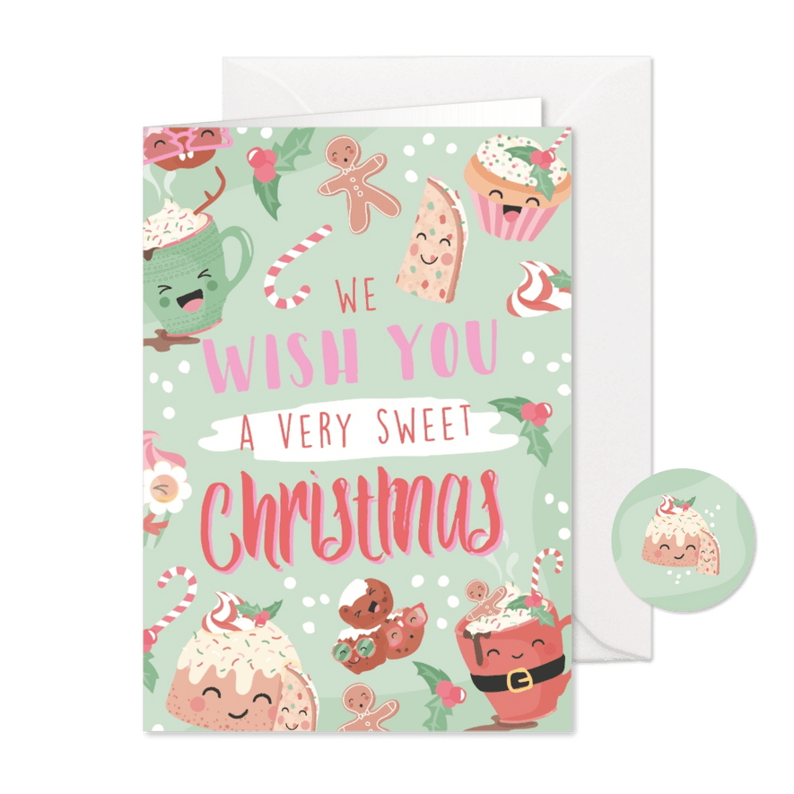 Vrolijke kerstkaart met zoete illustraties 'sweet christmas' - Kaartimpressie