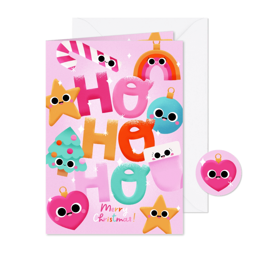 Vrolijke kerstkaart regenboog kerstballen kerstboom en ster - Kaartimpressie