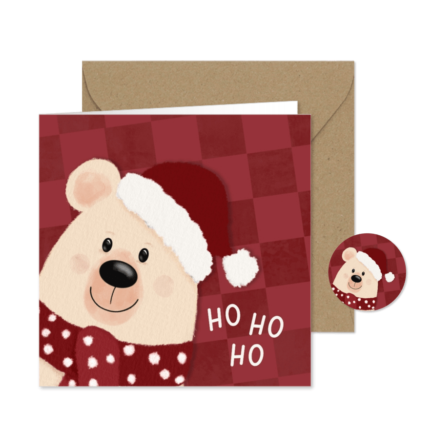 Vrolijke kerstkaart rode ruit en met beer en kerstmuts - Kaartimpressie