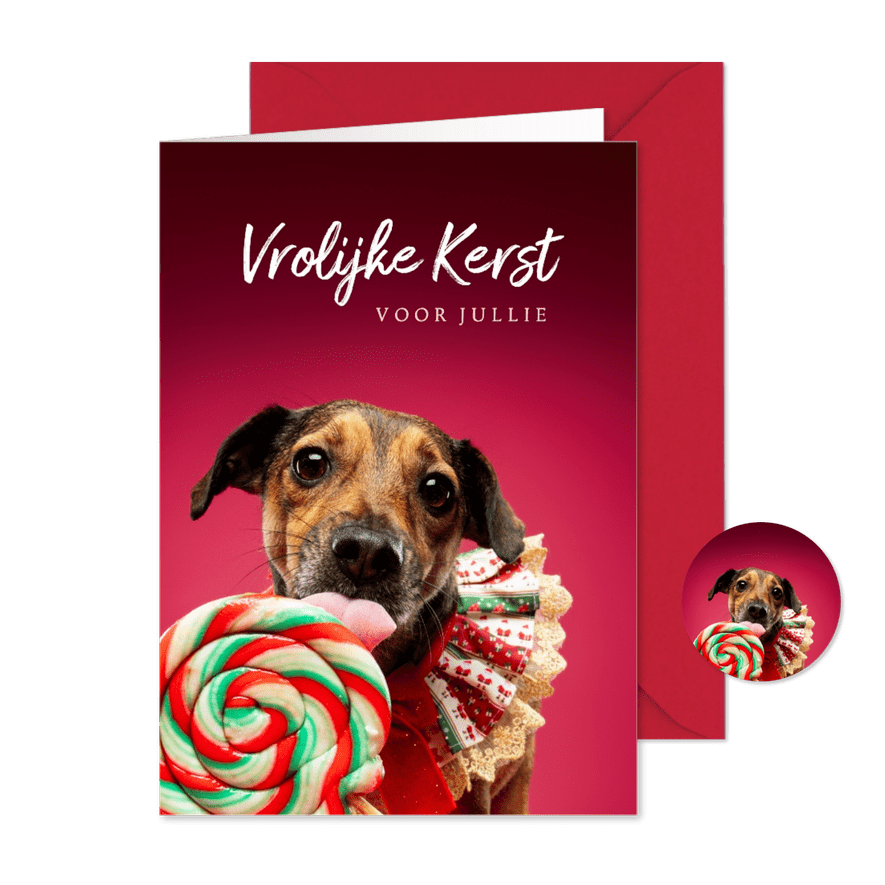 Vrolijke kerstkaart van hondje met lolly en kraagje - Kaartimpressie