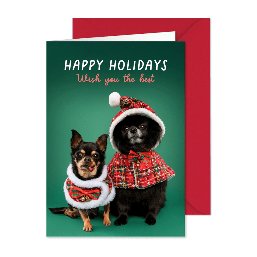 Vrolijke kerstkaart van hondjes met kerstkleding - Kaartimpressie