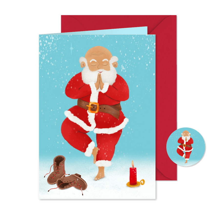 Vrolijke kerstkaart van kerstman in yoga-houding - Kaartimpressie