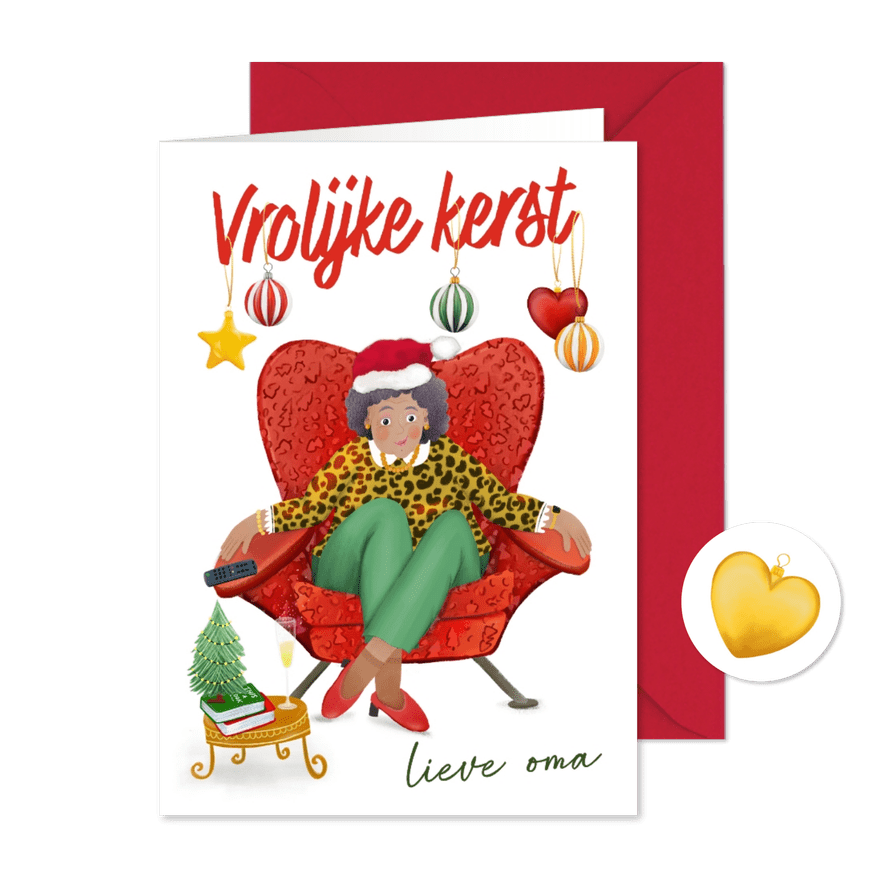 Vrolijke kerstkaart van oma in haar relaxstoel - Kaartimpressie