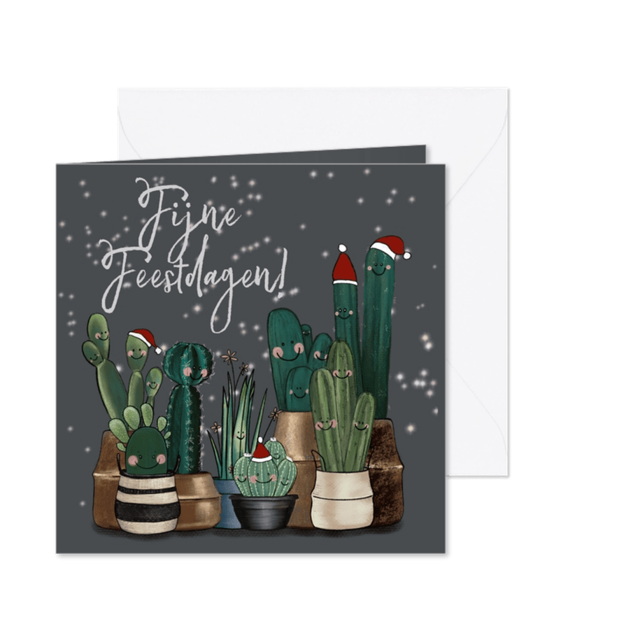 Vrolijke kerstkaart vol met cactussen en sterren - Kaartimpressie