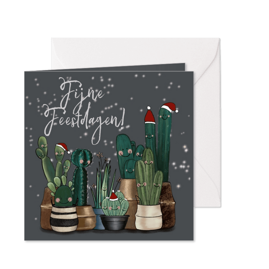 Vrolijke kerstkaart vol met cactussen en sterren - Kaartimpressie