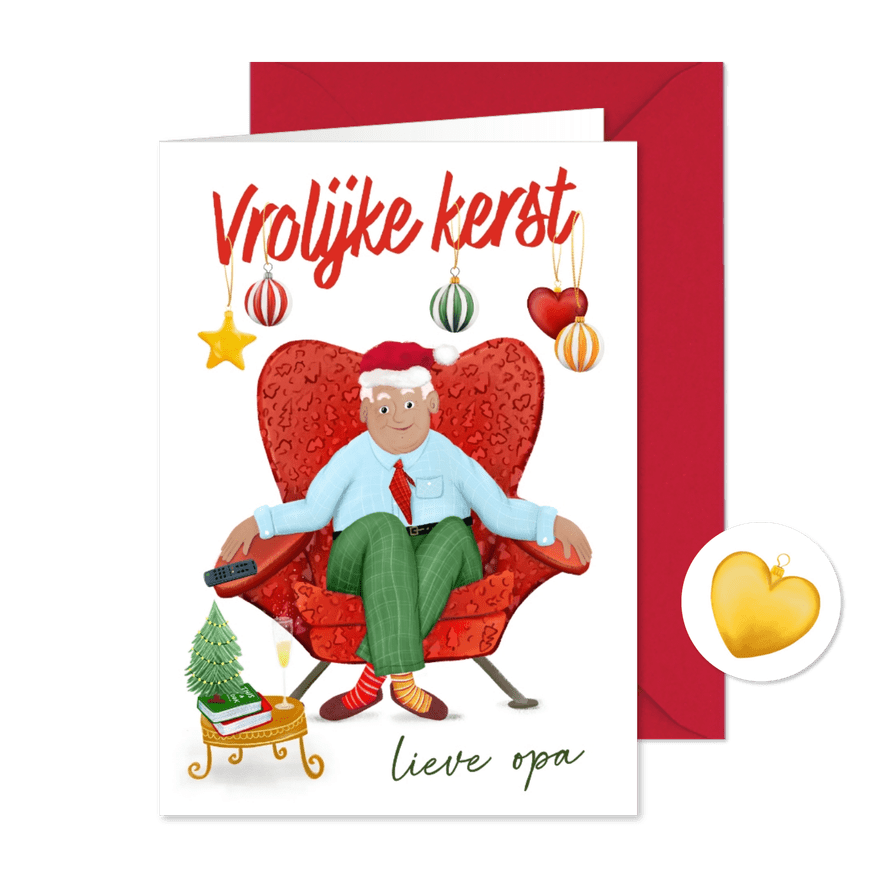 Vrolijke kerstkaart voor je opa in z'n stoel - Kaartimpressie