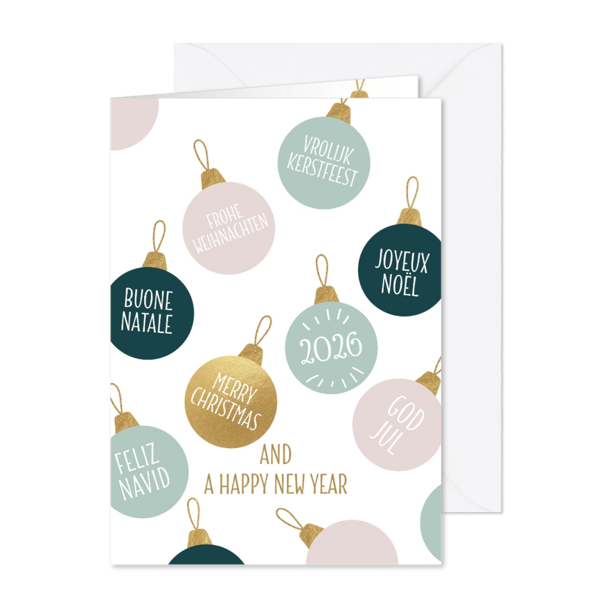 Vrolijke kerstkaarten 2026 kerstballen verschillende talen - Kaartimpressie